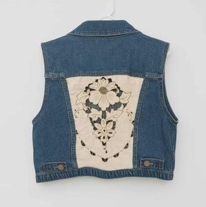Handmade Upcycled Jean Vest – Vintage Tablecloth Patchwork